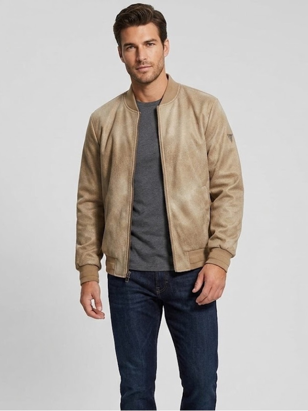 GUESS Bomber Jacket Mens Size Small Guess Tan Mason Faux Leather Zip
